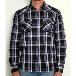Kenneth Cole Men's M Snap Shirt Long Sleeve Black Blue Plaid
